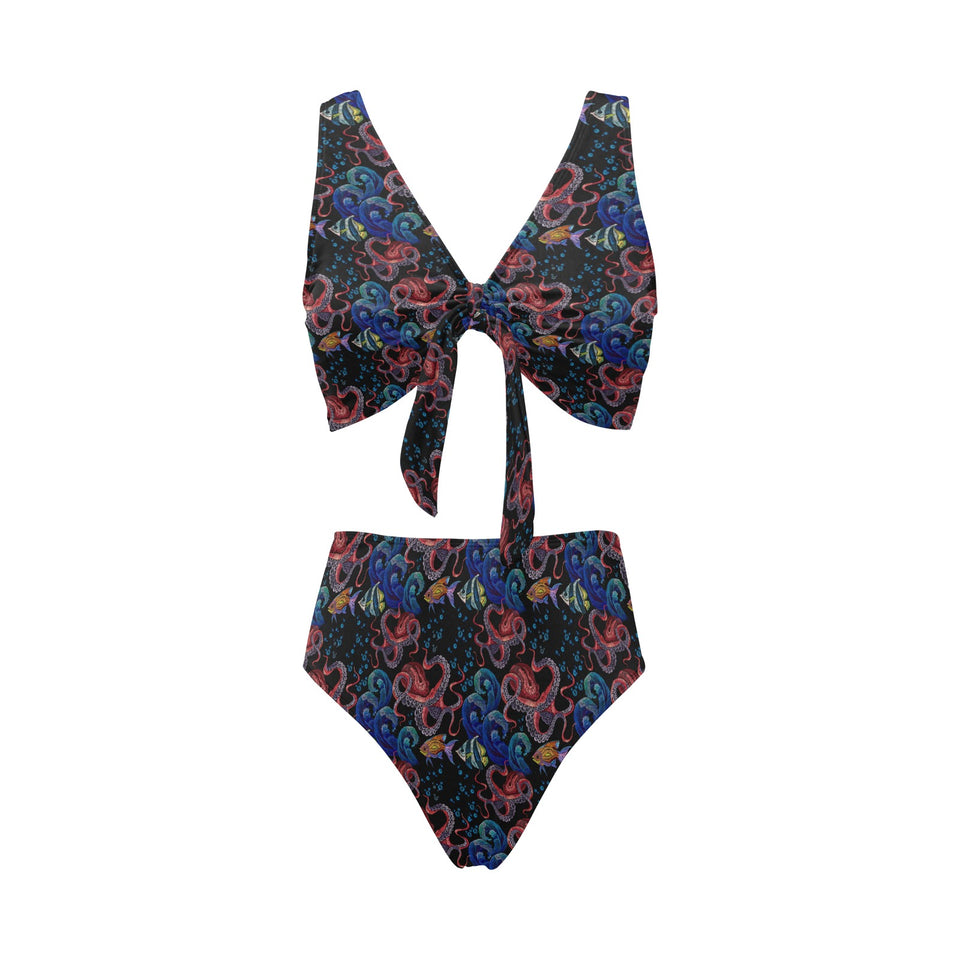 Octopus sea wave tropical fishe pattern Chest Bowknot High Waisted Bikini Swimsuit