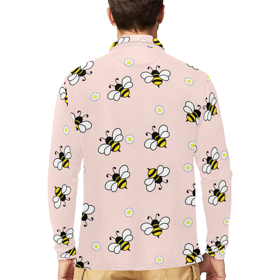 Cute bee flower pattern pink background Men's Long Sleeve Polo Shirt