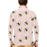 Cute bee flower pattern pink background Men's Long Sleeve Polo Shirt