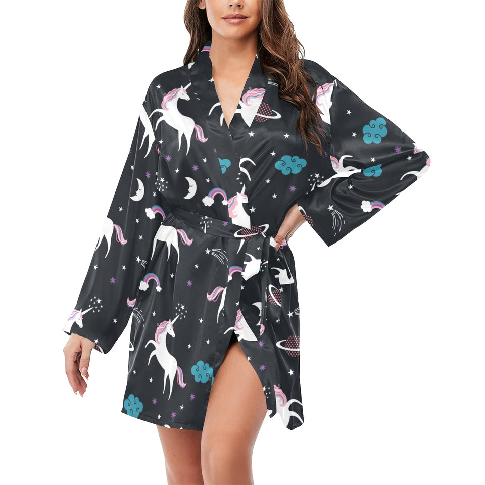 unicorn rainbows moon clound star pattern Women's Long Sleeve Belted Night Robe