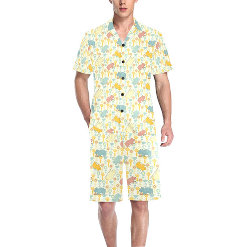 Hippopotamus Pattern Print Design 04 Men's V-Neck Short Pajama Set