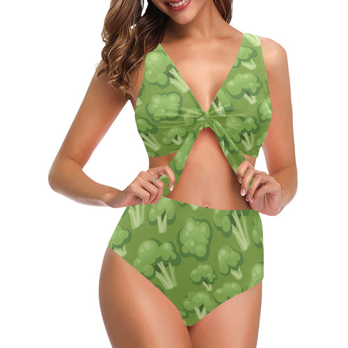 Broccoli pattern green background Chest Bowknot High Waisted Bikini Swimsuit
