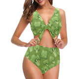 Broccoli pattern green background Chest Bowknot High Waisted Bikini Swimsuit