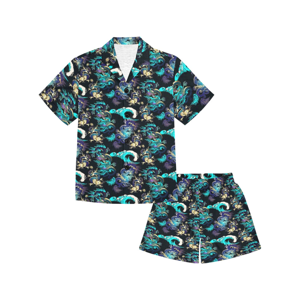 Dragon sea wave pattern Kids' Boys' Girls' V-Neck Short Pajama Set