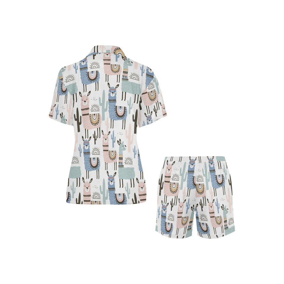 lama Alpaca cactus hand drawn pattern Women's V-Neck Short Pajama Set