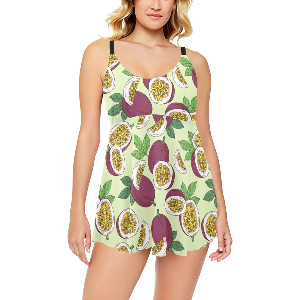 Paassion fruit pattern Chest Sexy Pleated Two Piece Swim Dress