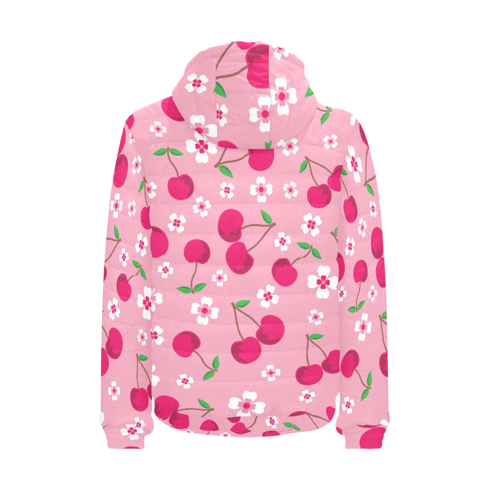 cherry flower pattern pink background Men's Padded Hooded Jacket