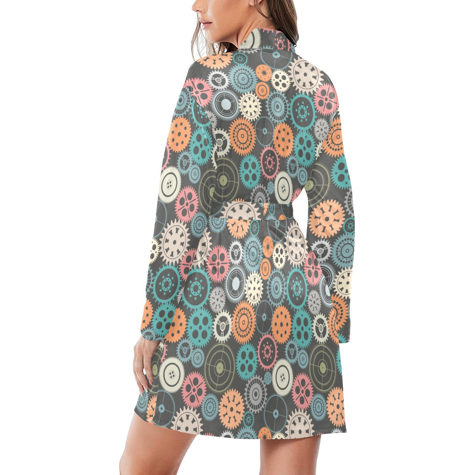 Gear Pattern Print Design 05 Women's Long Sleeve Belted Night Robe