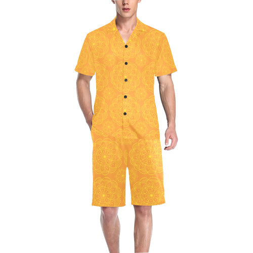 Orange traditional indian element pattern Men's V-Neck Short Pajama Set