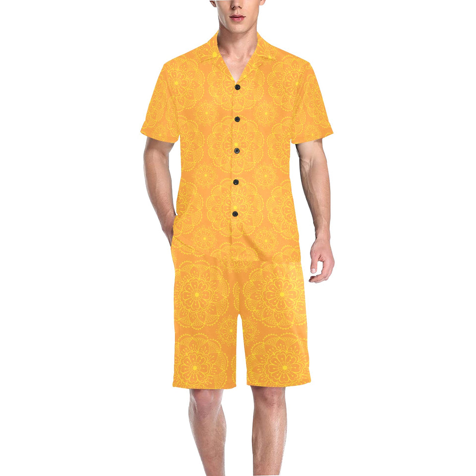 Orange traditional indian element pattern Men's V-Neck Short Pajama Set