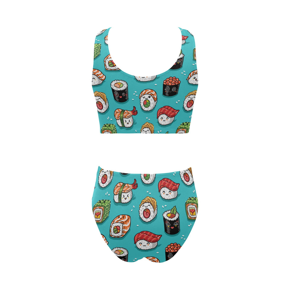 Cute sushi pattern Chest Bowknot High Waisted Bikini Swimsuit