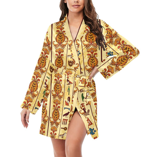 Egypt Hieroglyphics Pattern Print Design 04 Women's Long Sleeve Belted Night Robe