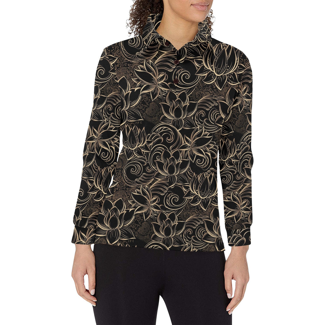 luxurious gold lotus waterlily black background Women's Long Sleeve Polo Shirt