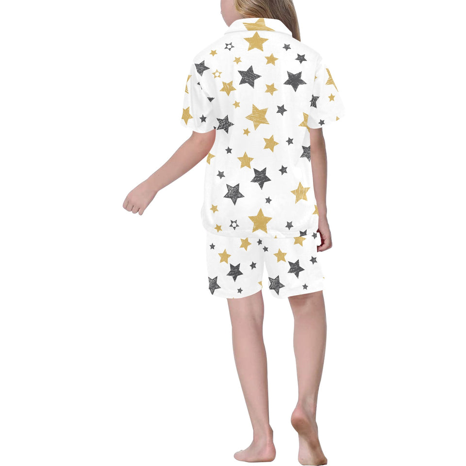 hand drawn gold black star pattern Kids' Boys' Girls' V-Neck Short Pajama Set