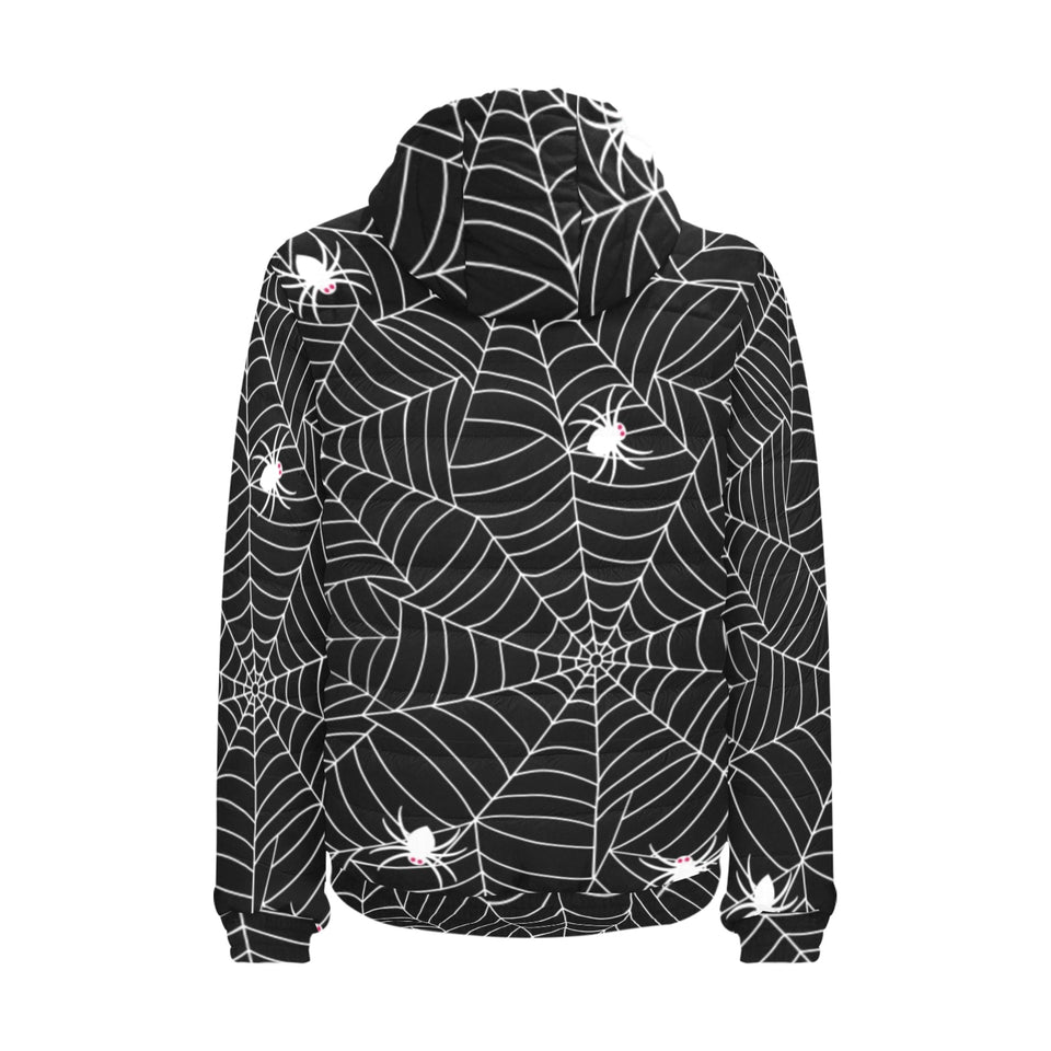 Spider web design pattern Black background white c Men's Padded Hooded Jacket