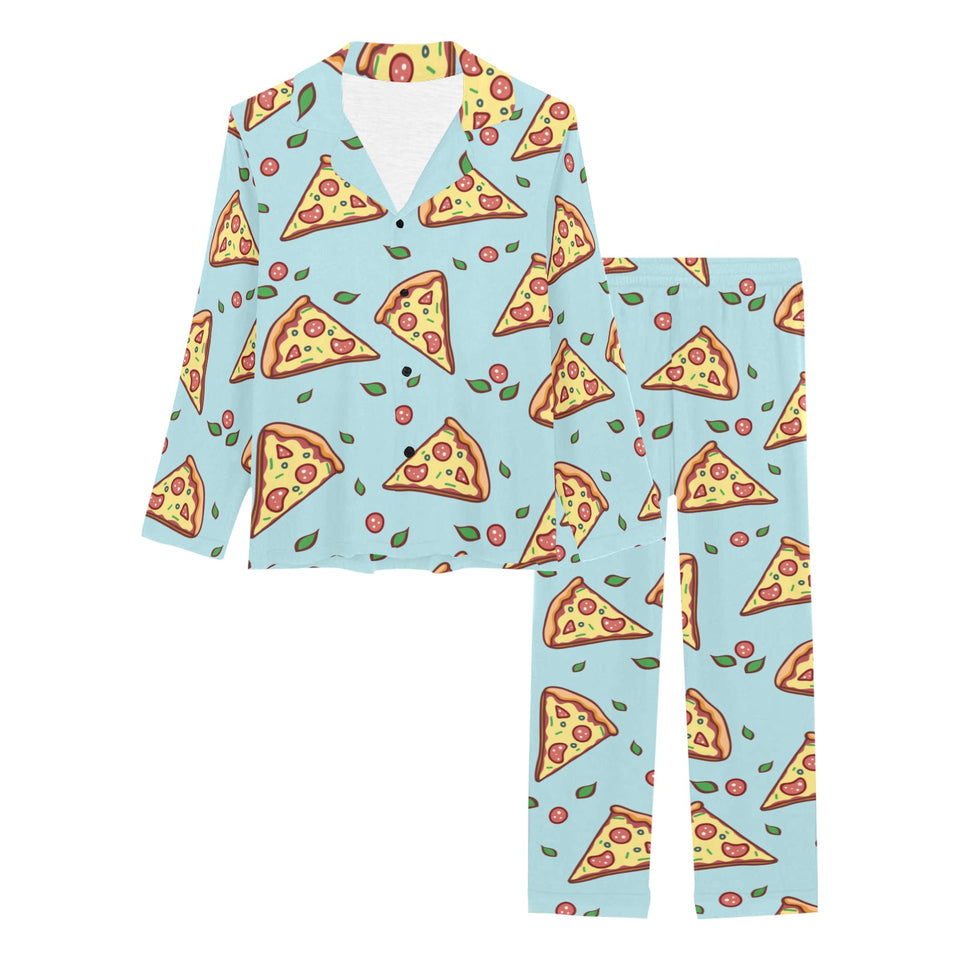 Hand drawn pizza blue background Women's Long Pajama Set