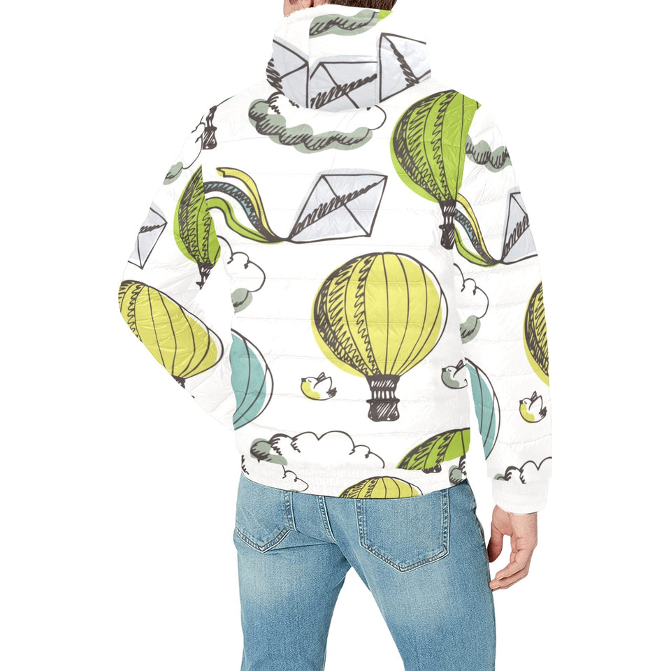 Hot Air Balloon Bird Cloud Pattern Men's Padded Hooded Jacket