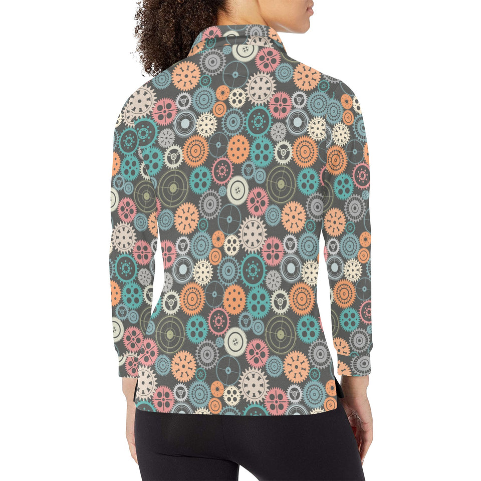 Gear Pattern Print Design 05 Women's Long Sleeve Polo Shirt