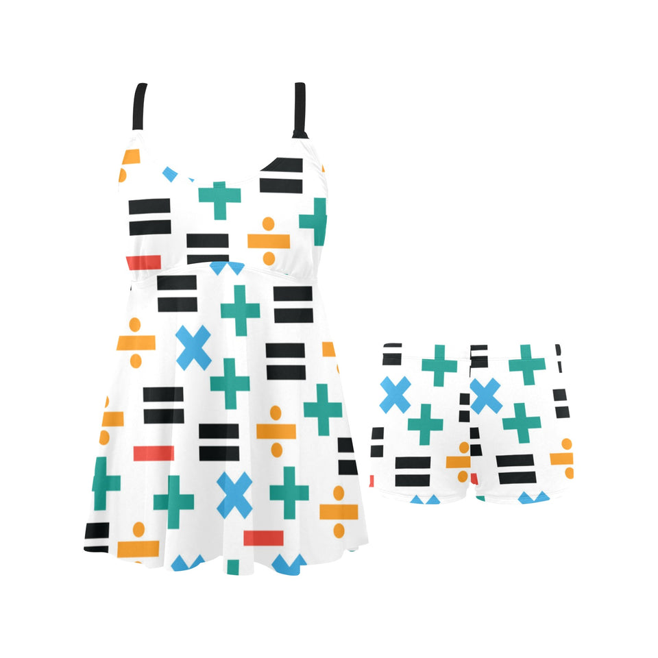 Math Pattern Print Design 05 Chest Sexy Pleated Two Piece Swim Dress