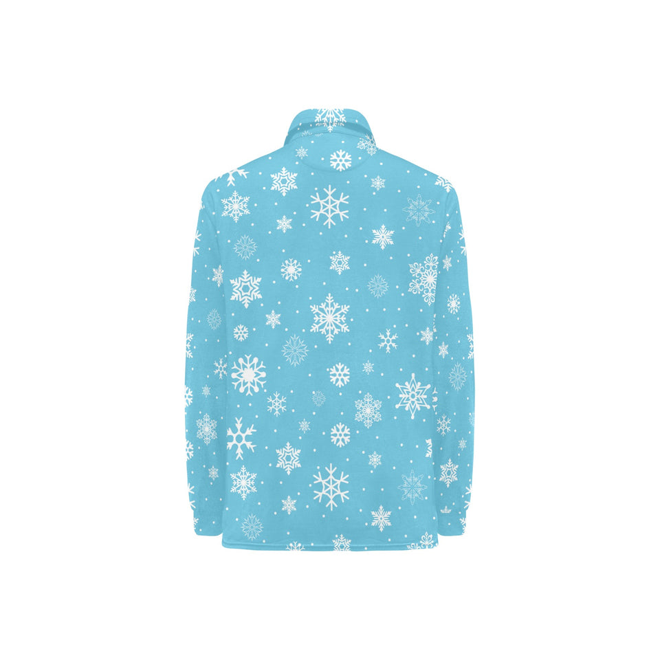 Snowflake pattern blue background Women's Long Sleeve Polo Shirt