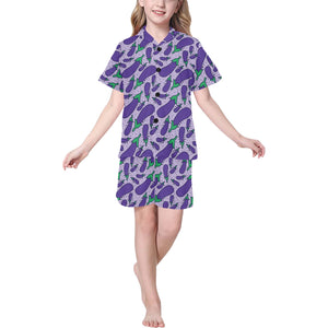 Eggplant Pattern Print Design 03 Kids' Boys' Girls' V-Neck Short Pajama Set