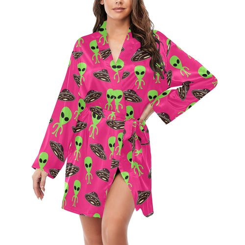 Alien Pattern Print Design 03 Women's Long Sleeve Belted Night Robe