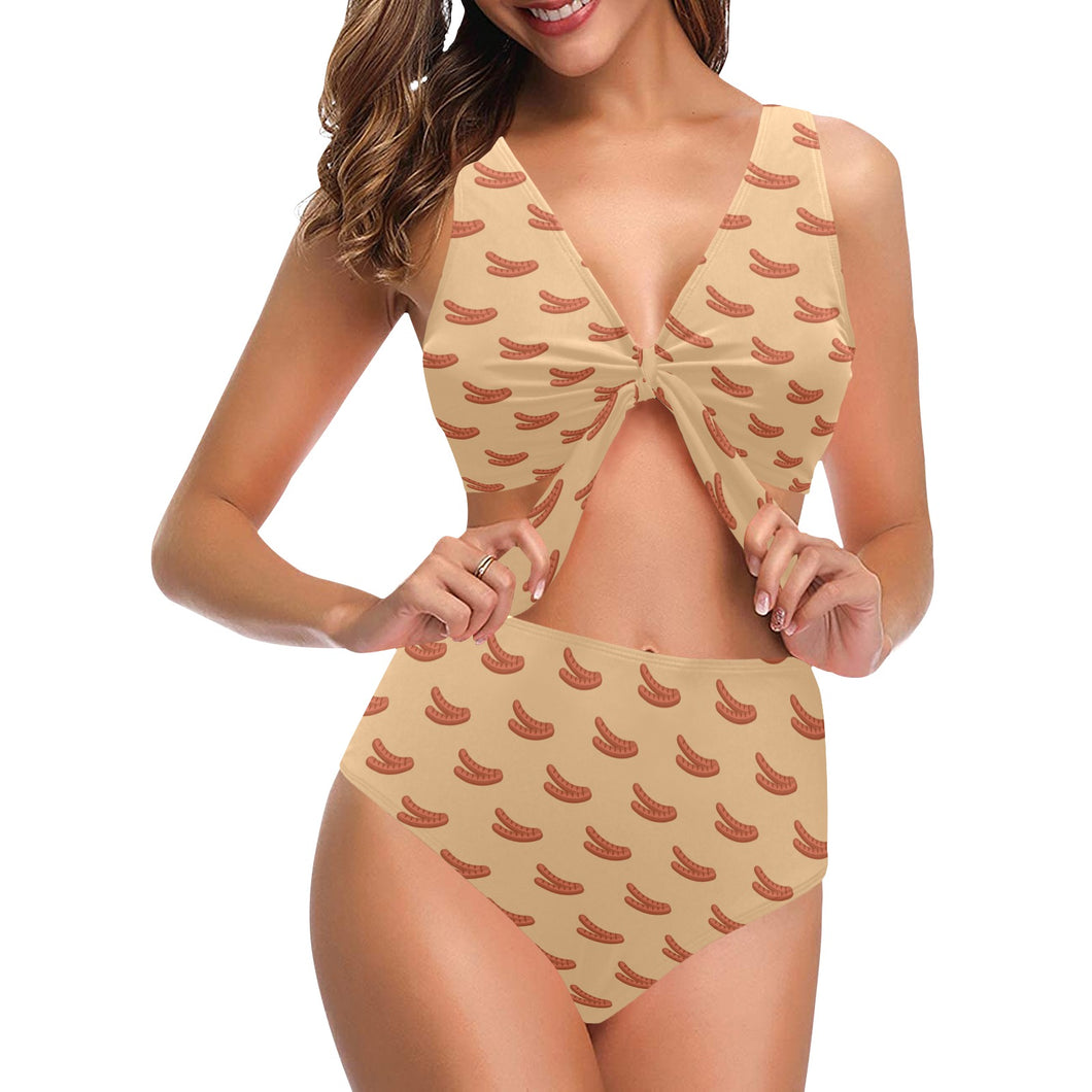 Sausage Pattern Print Design 03 Chest Bowknot High Waisted Bikini Swimsuit