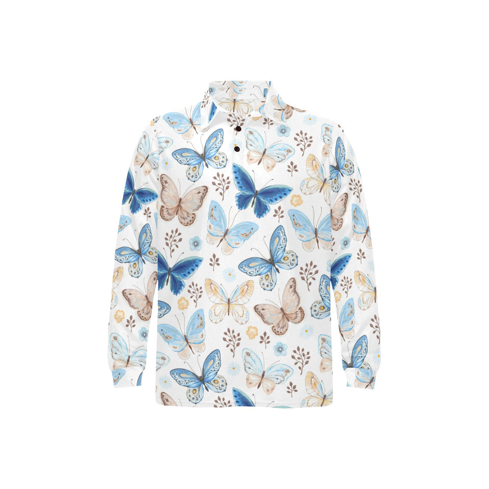 blue butterfly pattern Men's Long Sleeve Polo Shirt