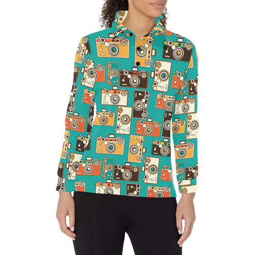 Camera Pattern Print Design 03 Women's Long Sleeve Polo Shirt