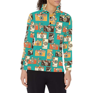 Camera Pattern Print Design 03 Women's Long Sleeve Polo Shirt