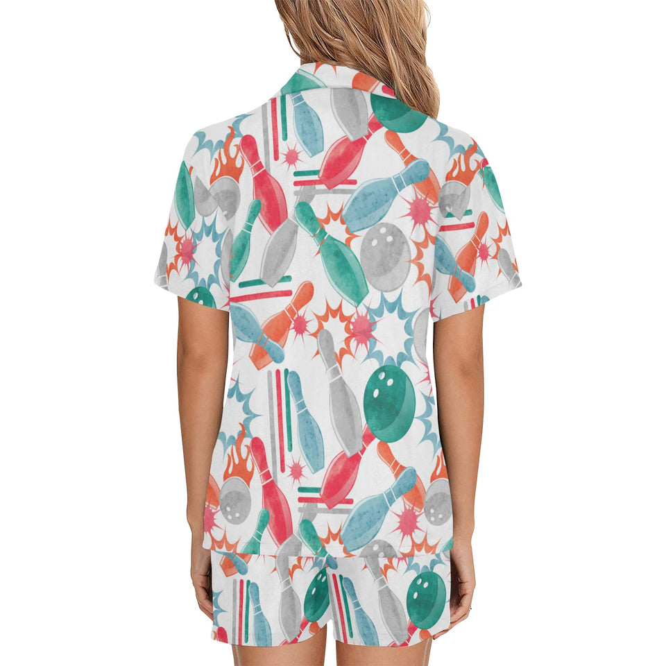 Watercolor bowling pattern Women's V-Neck Short Pajama Set