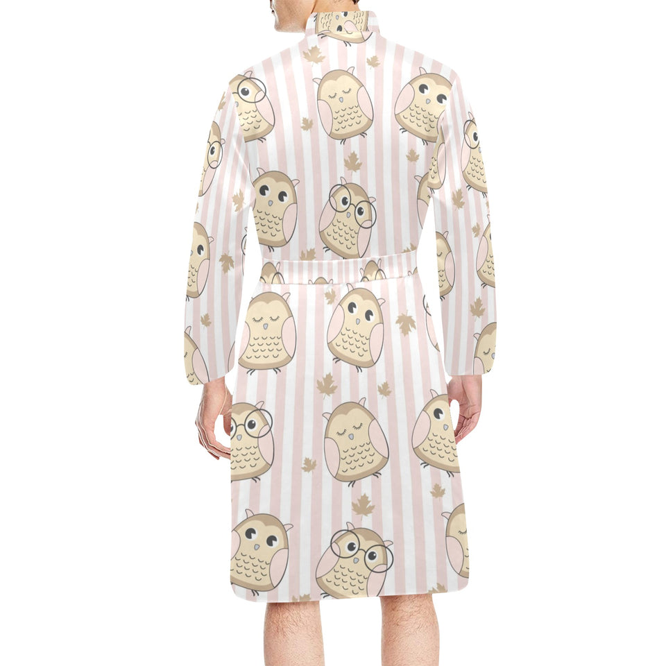 cute owl leaf Men's Long Sleeve Belted Night Robe