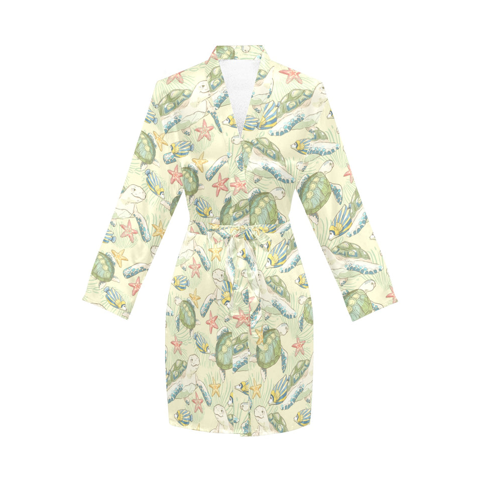 Hand drawn sea turtle fish pattern Women's Long Sleeve Belted Night Robe