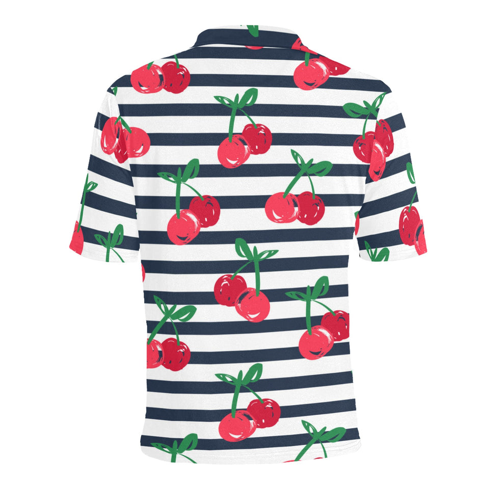 Hand drawn cherry pattern striped background Men's All Over Print Polo Shirt