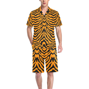Bengal tigers skin print pattern Men's V-Neck Short Pajama Set