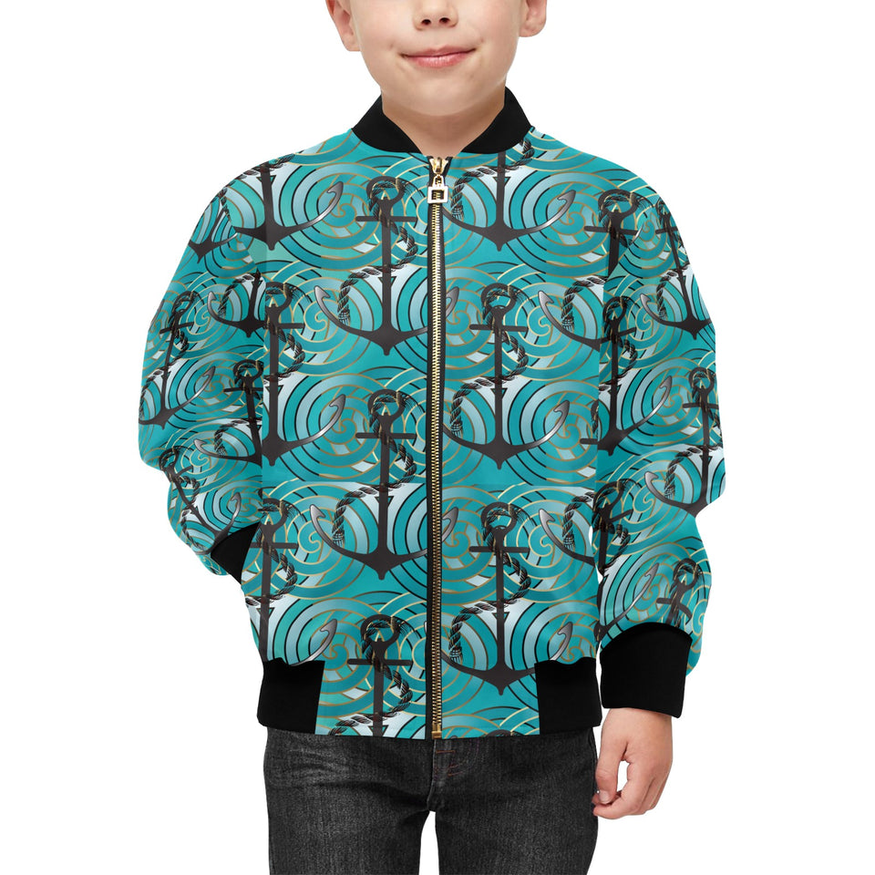 Anchor nautical green background Kids' Boys' Girls' Bomber Jacket