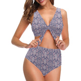 Indian Batik Style pattern Chest Bowknot High Waisted Bikini Swimsuit