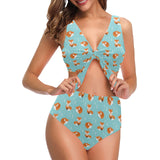 Fox pattern blue b ackground Chest Bowknot High Waisted Bikini Swimsuit