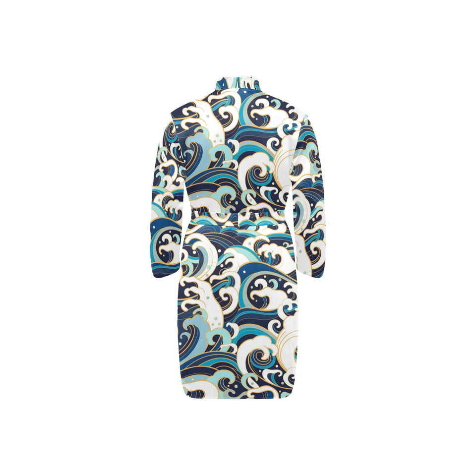Japanese wave pattern Men's Long Sleeve Belted Night Robe