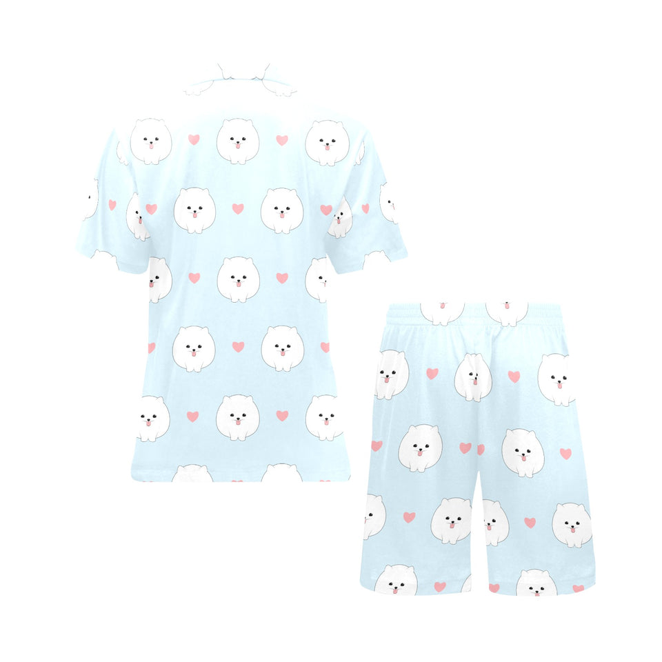 White cute pomeranian pattern Men's V-Neck Short Pajama Set
