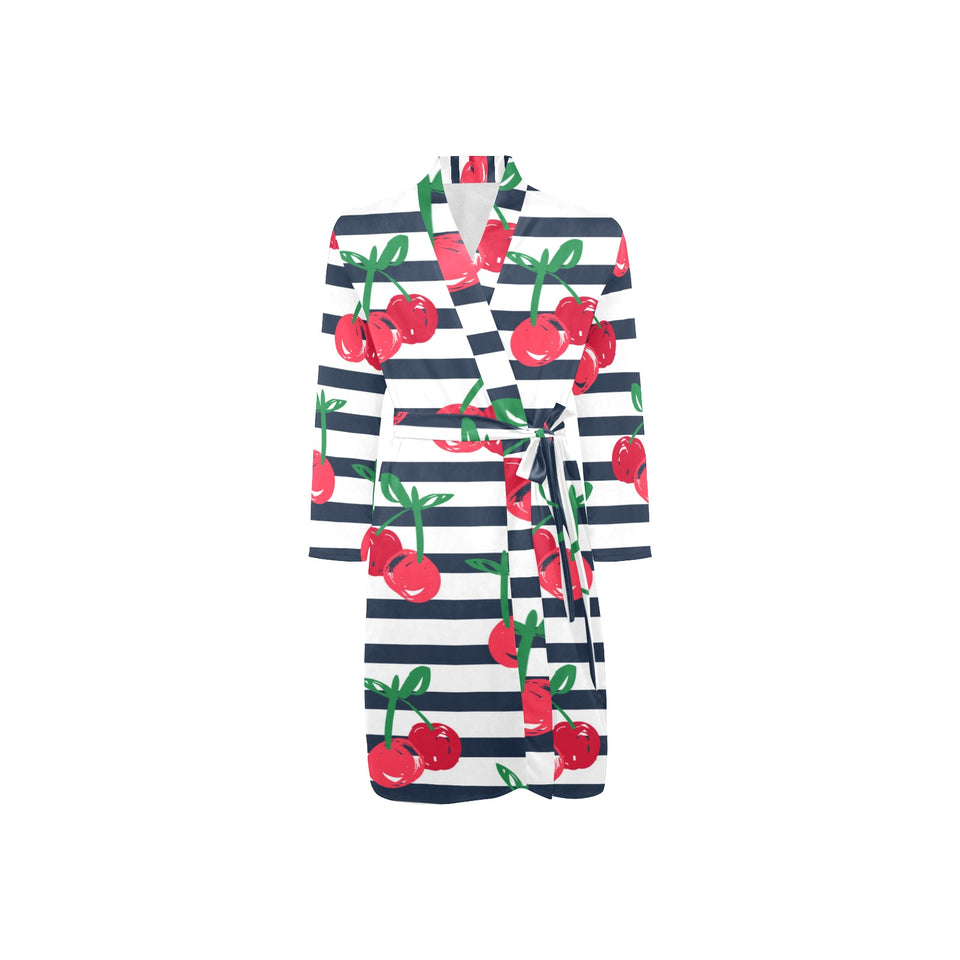 Hand drawn cherry pattern striped background Men's Long Sleeve Belted Night Robe