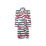 Hand drawn cherry pattern striped background Men's Long Sleeve Belted Night Robe