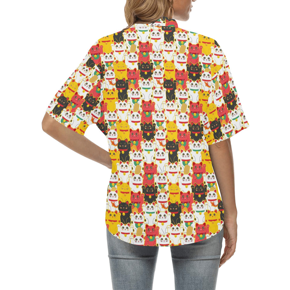 Colorful Maneki neko cat pattern Women's All Over Print Hawaiian Shirt