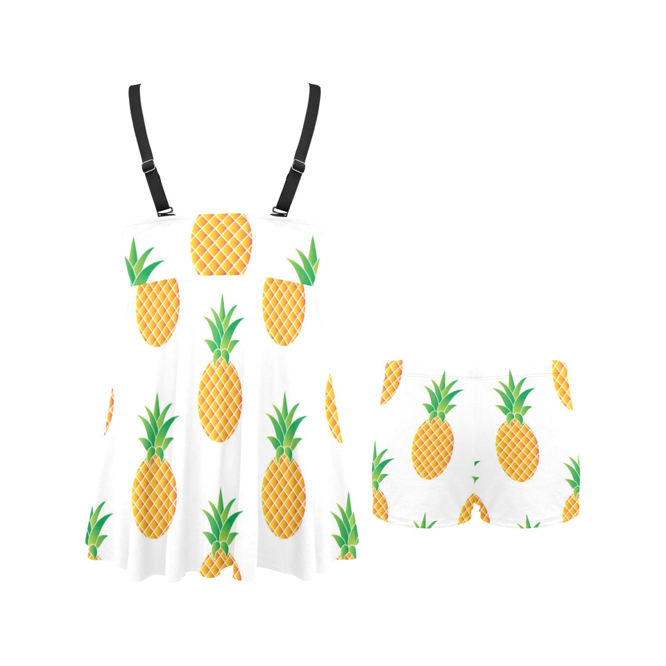 Pineapples pattern Chest Sexy Pleated Two Piece Swim Dress