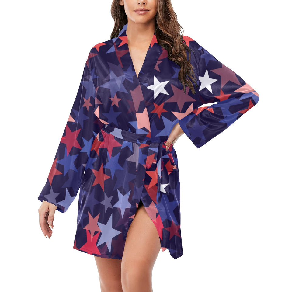 Red blue star pattern Women's Long Sleeve Belted Night Robe