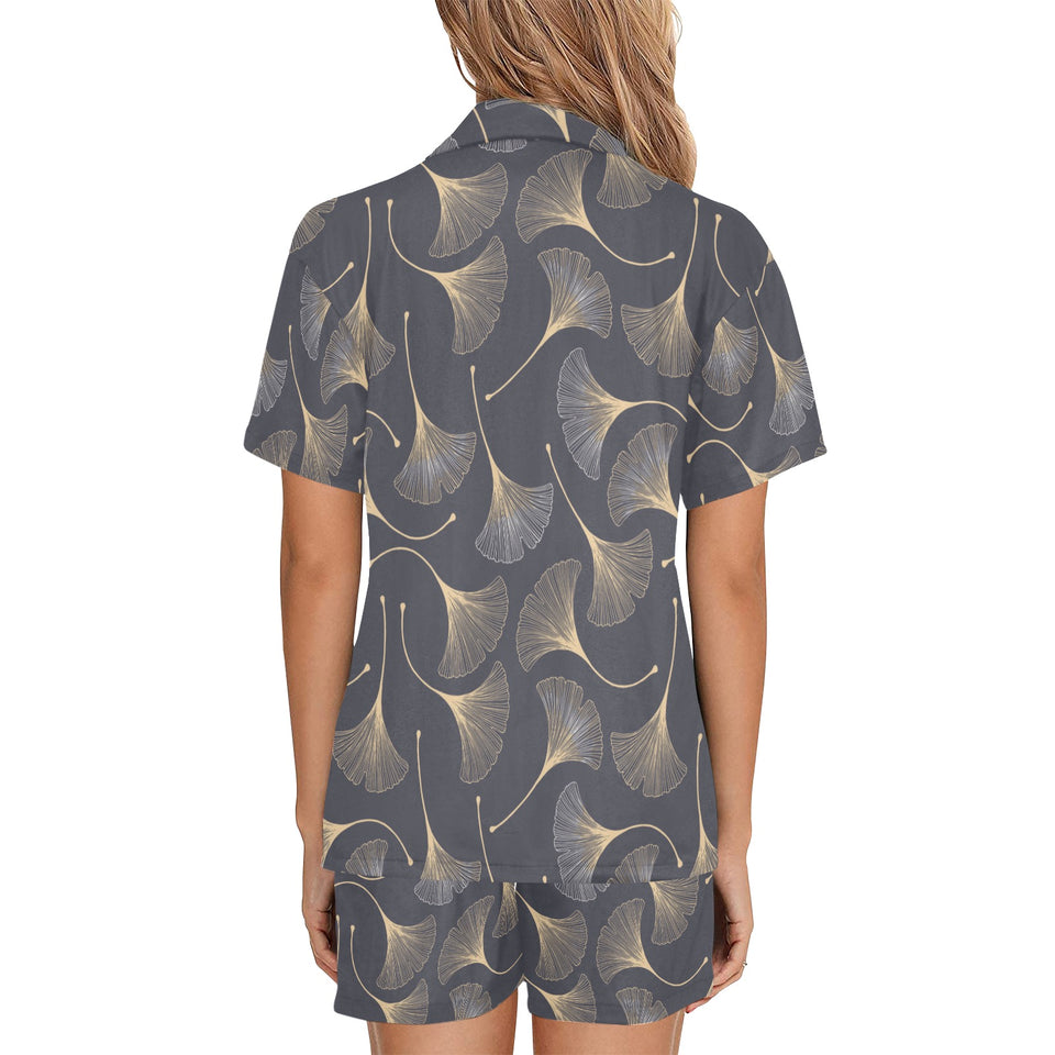 Gold ginkgo leaves Women's V-Neck Short Pajama Set