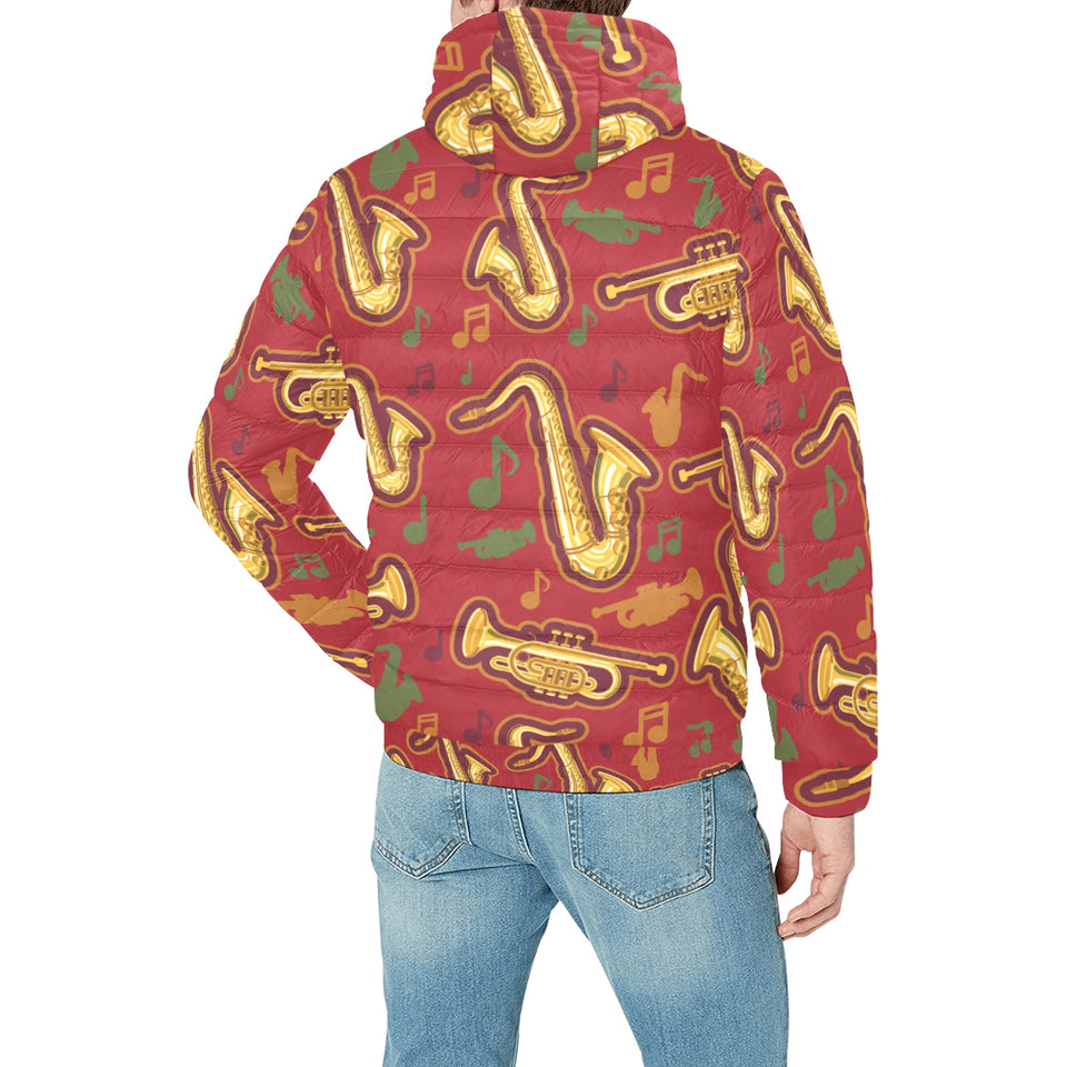 Saxophone cornet pattern red background Men's Padded Hooded Jacket