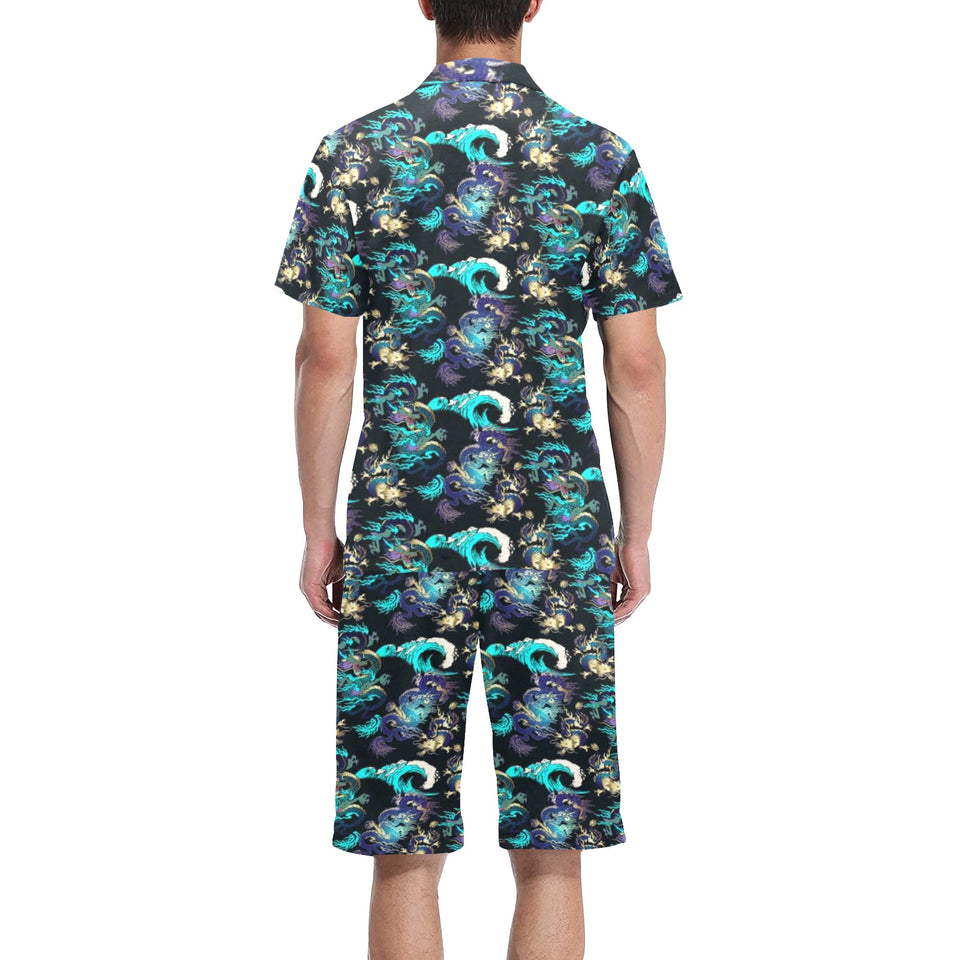 Dragon sea wave pattern Men's V-Neck Short Pajama Set