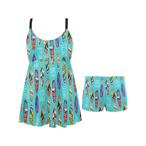 Surfboard Pattern Print Design 05 Chest Sexy Pleated Two Piece Swim Dress