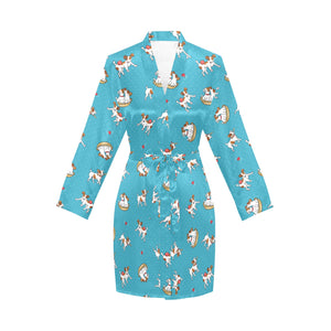 Jack Russel Pattern Print Design 03 Women's Long Sleeve Belted Night Robe